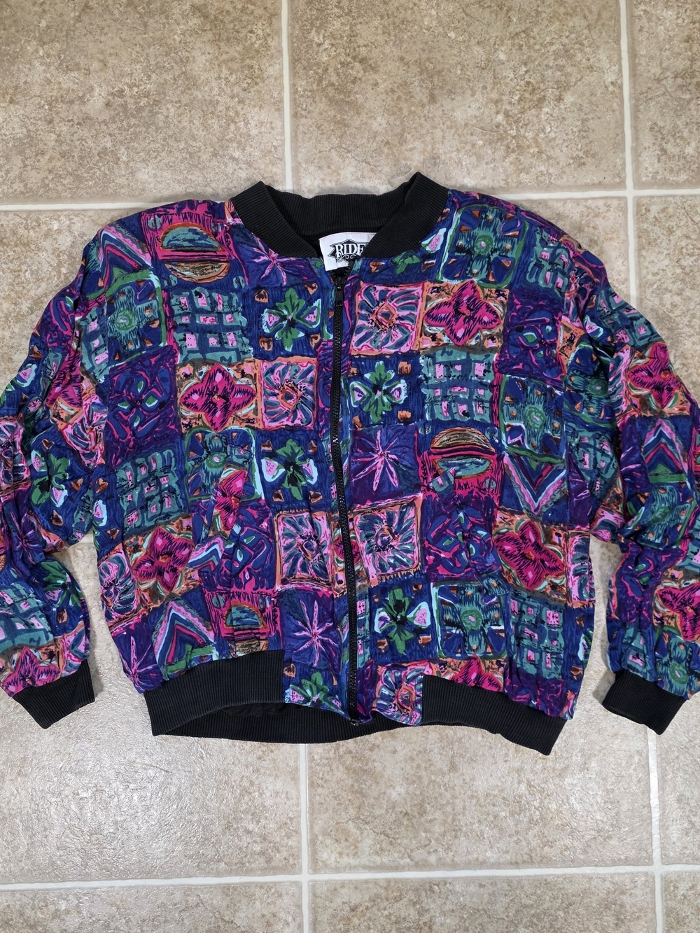 Vintage 90s Colorful Abstract Bomber Jacket Cropped Festival M/L - Picture 4 of 11